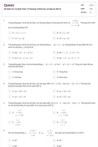 Đề kiểm tra 15 phút Toán 12 Chương 3 Hình học có đáp án (Đề 4)