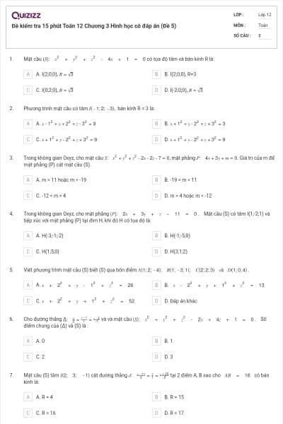 Đề kiểm tra 15 phút Toán 12 Chương 3 Hình học có đáp án (Đề 5)
