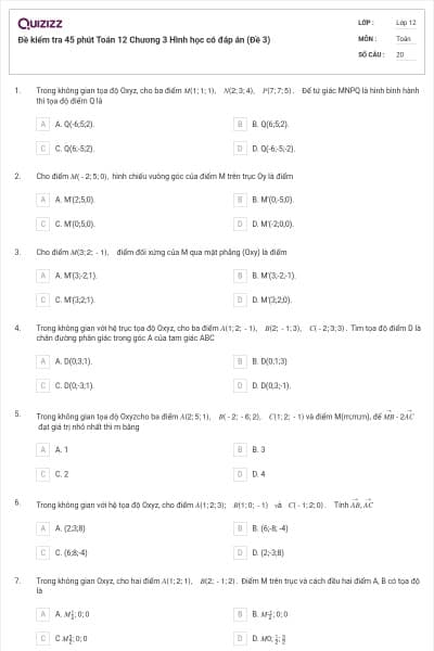 Đề kiểm tra 45 phút Toán 12 Chương 3 Hình học có đáp án (Đề 3)