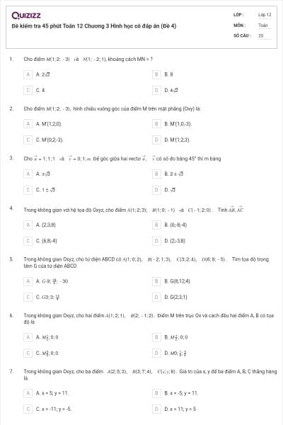 Đề kiểm tra 45 phút Toán 12 Chương 3 Hình học có đáp án (Đề 4)