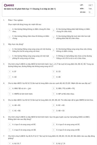 Đề kiểm tra 45 phút Hình học 11 Chương 3 có đáp án (Đề 1)