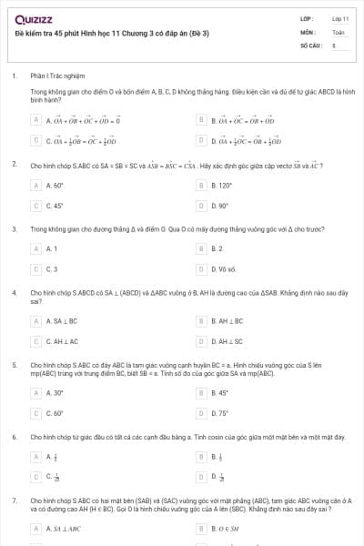 Đề kiểm tra 45 phút Hình học 11 Chương 3 có đáp án (Đề 3)