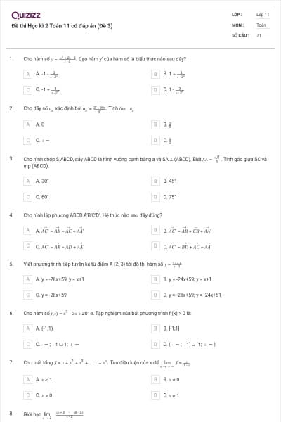 Đề thi Học kì 2 Toán 11 có đáp án (Đề 3)