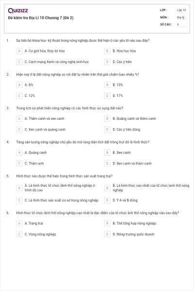 Đề kiểm tra Địa Lí 10 Chương 7 (Đề 2)