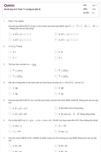 Đề thi Học kì 2 Toán 11 có đáp án (Đề 4)