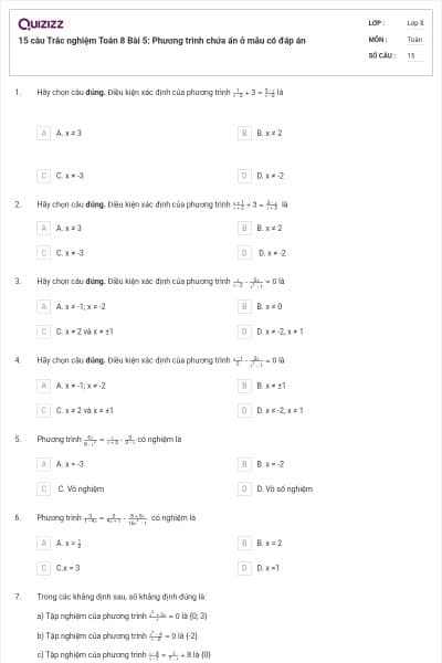 15 câu Trắc nghiệm Toán 8 Bài 5: Phương trình chứa ẩn ở mẫu có đáp án