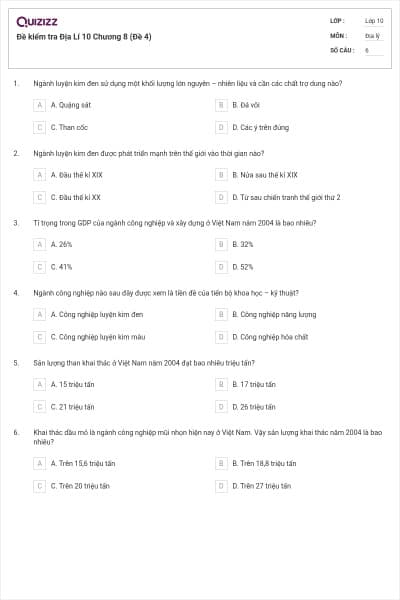 Đề kiểm tra Địa Lí 10 Chương 8 (Đề 4)