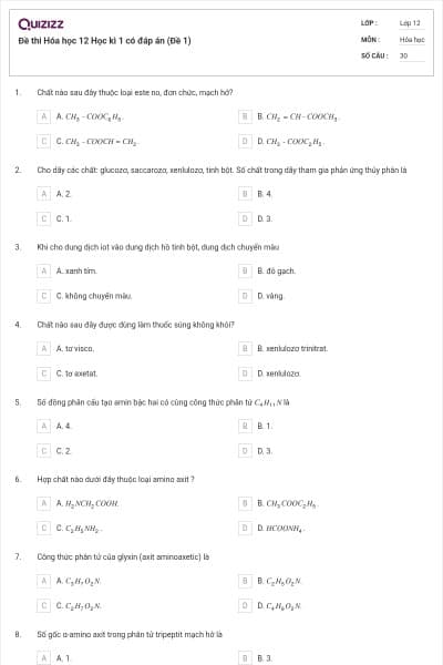Đề thi Hóa học 12 Học kì 1 có đáp án (Đề 1)