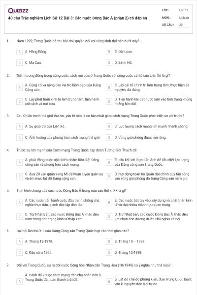 40 câu Trắc nghiệm Lịch Sử 12 Bài 3: Các nước Đông Bắc Á (phần 2) có đáp án