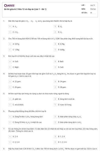 Đề thi giữa kì 2 Hóa 12 có đáp án (Lần 1 - Đề 1)