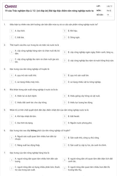 19 câu Trắc nghiệm Địa Lí 12: (có đáp án) Bài tập Đặc điểm nền nông nghiệp nước ta