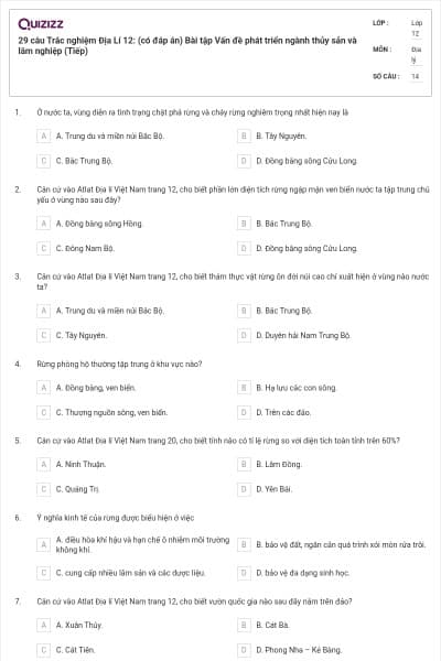 29 câu Trắc nghiệm Địa Lí 12: (có đáp án) Bài tập Vấn đề phát triển ngành thủy sản và lâm nghiệp (Tiếp)