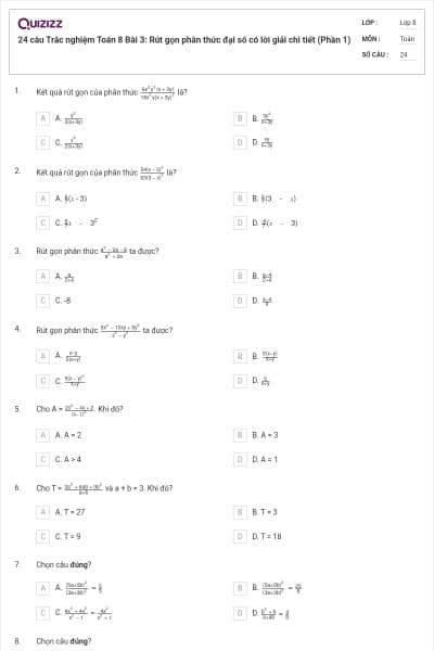 24 câu Trắc nghiệm Toán 8 Bài 3: Rút gọn phân thức đại số có lời giải chi tiết (Phần 1)