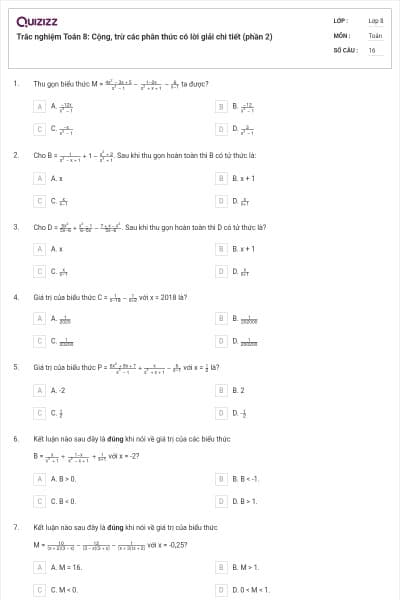 Trắc nghiệm Toán 8: Cộng, trừ các phân thức có lời giải chi tiết (phần 2)