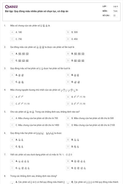 Bài tập: Quy đồng mẫu nhiều phân số chọn lọc, có đáp án