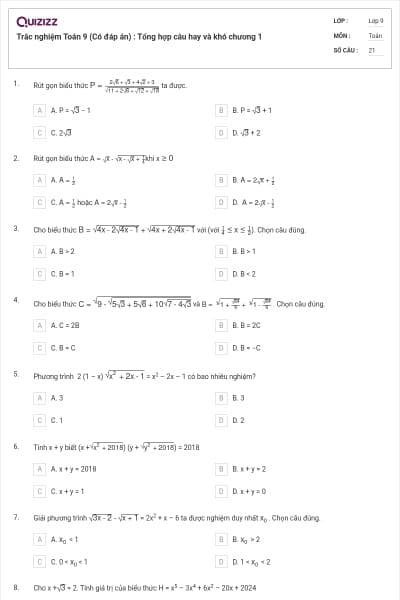 Trắc nghiệm Toán 9 (Có đáp án) : Tổng hợp câu hay và khó chương 1