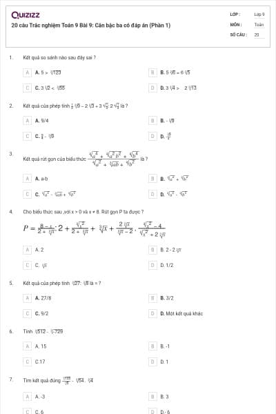 20 câu Trắc nghiệm Toán 9 Bài 9: Căn bậc ba có đáp án (Phần 1)