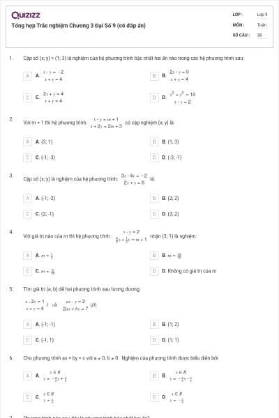 Tổng hợp Trắc nghiệm Chương 3 Đại Số 9 (có đáp án)