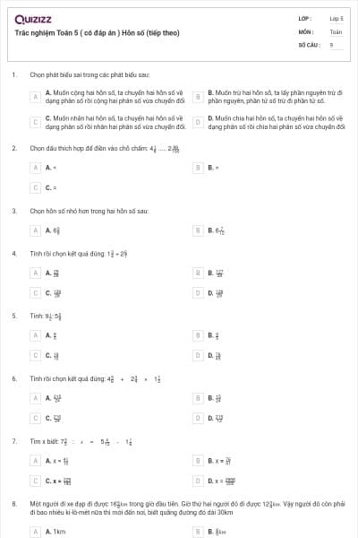 Trắc nghiệm Toán 5 ( có đáp án ) Hỗn số (tiếp theo)