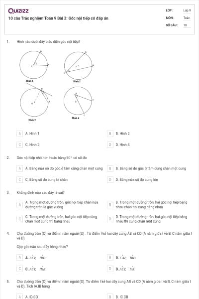 10 câu Trắc nghiệm Toán 9 Bài 3: Góc nội tiếp có đáp án