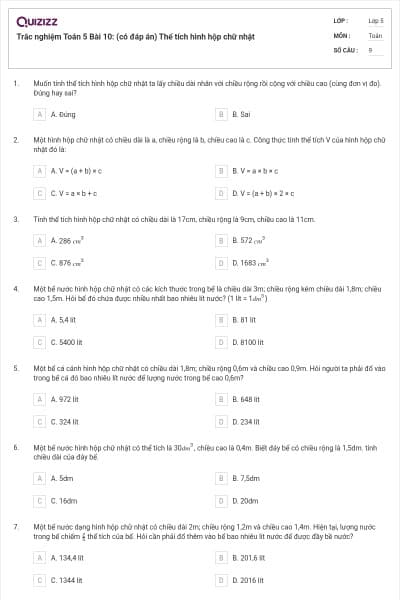 Trắc nghiệm Toán 5 Bài 10: (có đáp án) Thể tích hình hộp chữ nhật