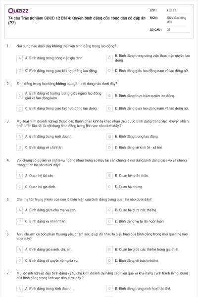 74 câu  Trắc nghiệm GDCD 12 Bài 4: Quyền bình đẳng của công dân có đáp án (P2)