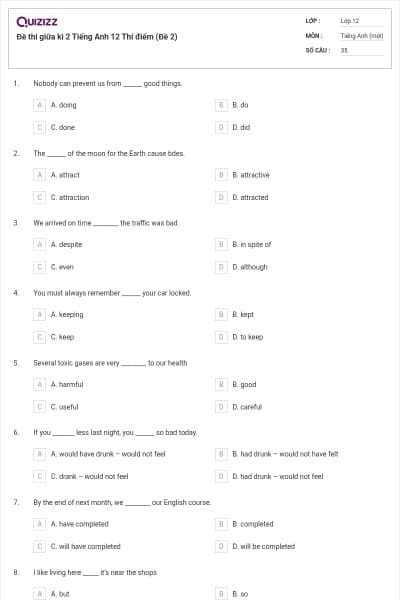 Đề thi giữa kì 2 Tiếng Anh 12 Thí điểm (Đề 2)