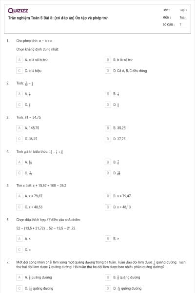 Trắc nghiệm Toán 5 Bài 8: (có đáp án) Ôn tập về phép trừ