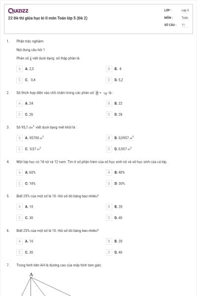 22 Đề thi giữa học kì II môn Toán lớp 5 (Đề 2)