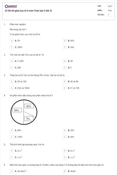 22 Đề thi giữa học kì II môn Toán lớp 5 (Đề 3)