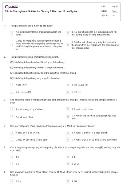 20 câu Trắc nghiệm Đề kiểm tra Chương 2 Hình học 11 có đáp án