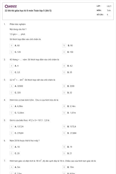 22 Đề thi giữa học kì II môn Toán lớp 5 (Đề 5)