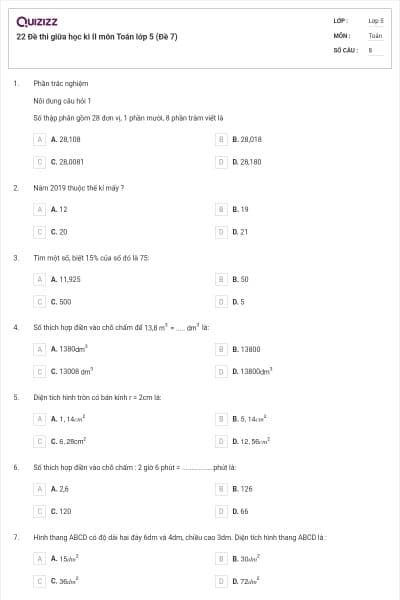 22 Đề thi giữa học kì II môn Toán lớp 5 (Đề 7)