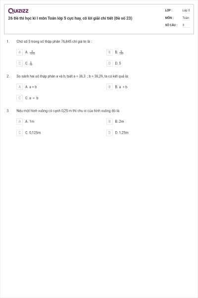 26 Đề thi học kì I môn Toán lớp 5 cực hay, có lời giải chi tiết (Đề số 23)