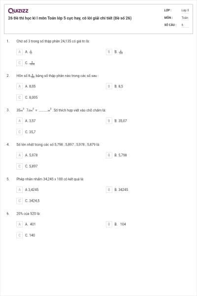 26 Đề thi học kì I môn Toán lớp 5 cực hay, có lời giải chi tiết (Đề số 26)