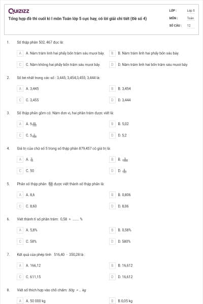 Tổng hợp đề thi cuối kì I môn Toán lớp 5 cực hay, có lời giải chi tiết (Đề số 4)