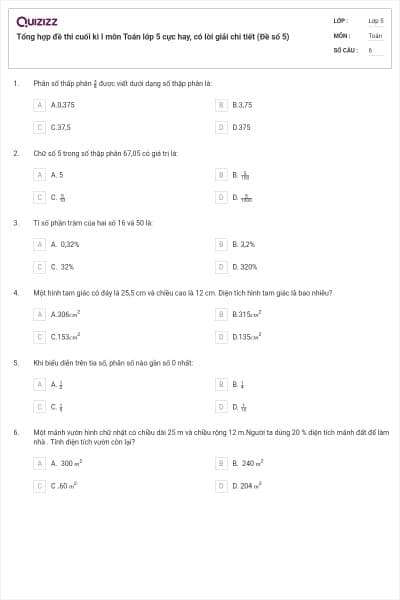 Tổng hợp đề thi cuối kì I môn Toán lớp 5 cực hay, có lời giải chi tiết (Đề số 5)
