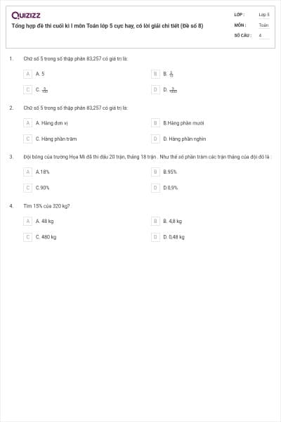 Tổng hợp đề thi cuối kì I môn Toán lớp 5 cực hay, có lời giải chi tiết (Đề số 8)