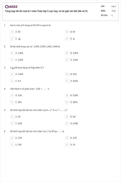 Tổng hợp đề thi cuối kì I môn Toán lớp 5 cực hay, có lời giải chi tiết (Đề số 9)