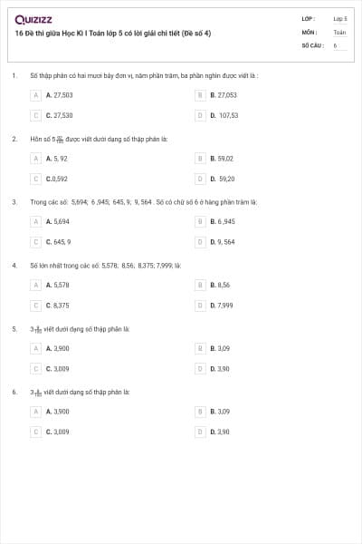 16 Đề thi giữa Học Kì I Toán lớp 5 có lời giải chi tiết (Đề số 4)