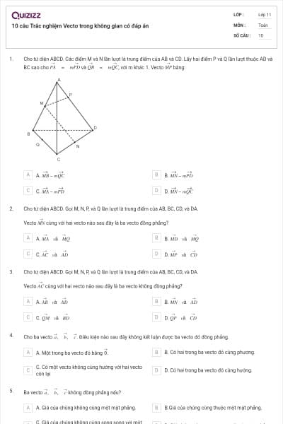 10 câu Trắc nghiệm Vectơ trong không gian có đáp án