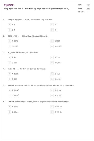 Tổng hợp đề thi cuối kì I môn Toán lớp 5 cực hay, có lời giải chi tiết (Đề số 15)