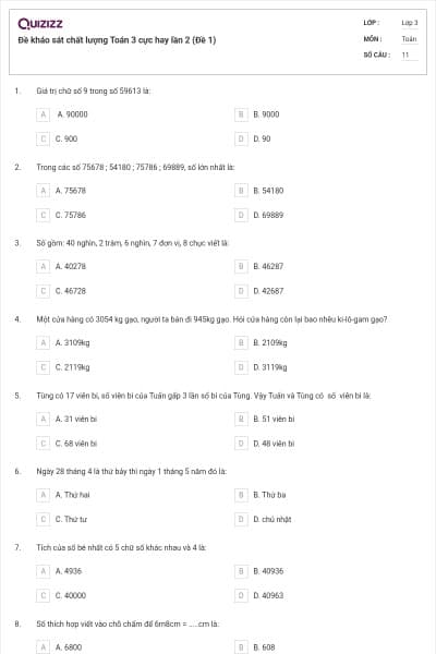 Đề kháo sát chất lượng Toán 3 cực hay lần 2 (Đề 1)