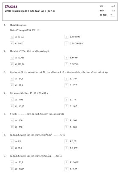 22 Đề thi giữa học kì II môn Toán lớp 5 (Đề 14)