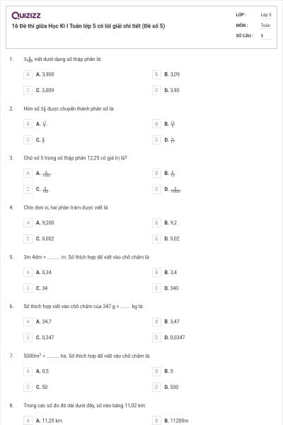 16 Đề thi giữa Học Kì I Toán lớp 5 có lời giải chi tiết (Đề số 5)