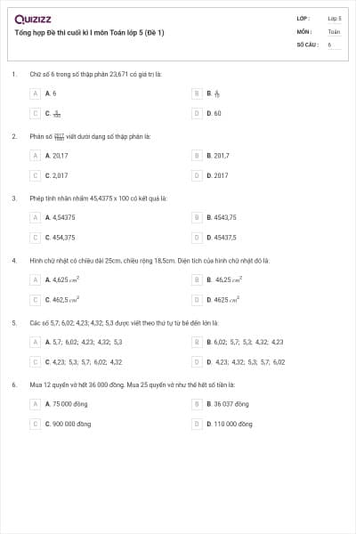 Tổng hợp Đề thi cuối kì I môn Toán lớp 5 (Đề 1)