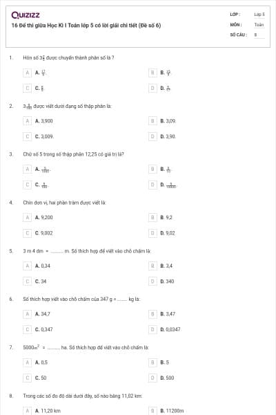 16 Để thi giữa Học Kì I Toán lớp 5 có lời giải chi tiết (Đề số 6)