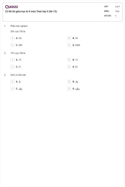 22 Đề thi giữa học kì II môn Toán lớp 5 (Đề 15)