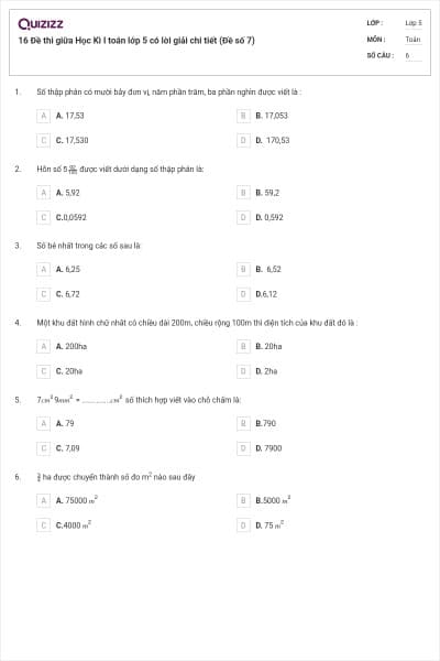 16 Đề thi giữa Học Kì I toán lớp 5 có lời giải chi tiết (Đề số 7)