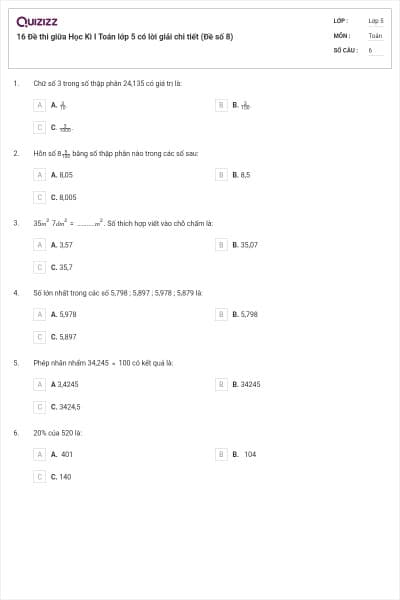 16 Đề thi giữa Học Kì I Toán lớp 5 có lời giải chi tiết (Đề số 8)
